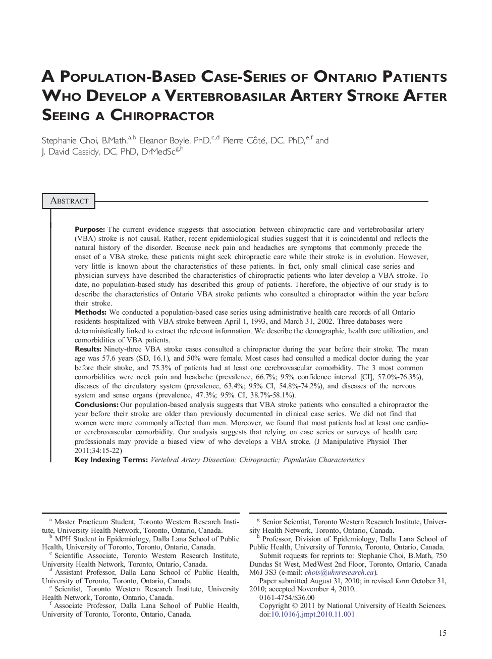 A Population-Based Case-Series of Ontario Patients Who Develop a Vertebrobasilar Artery Stroke After Seeing a Chiropractor