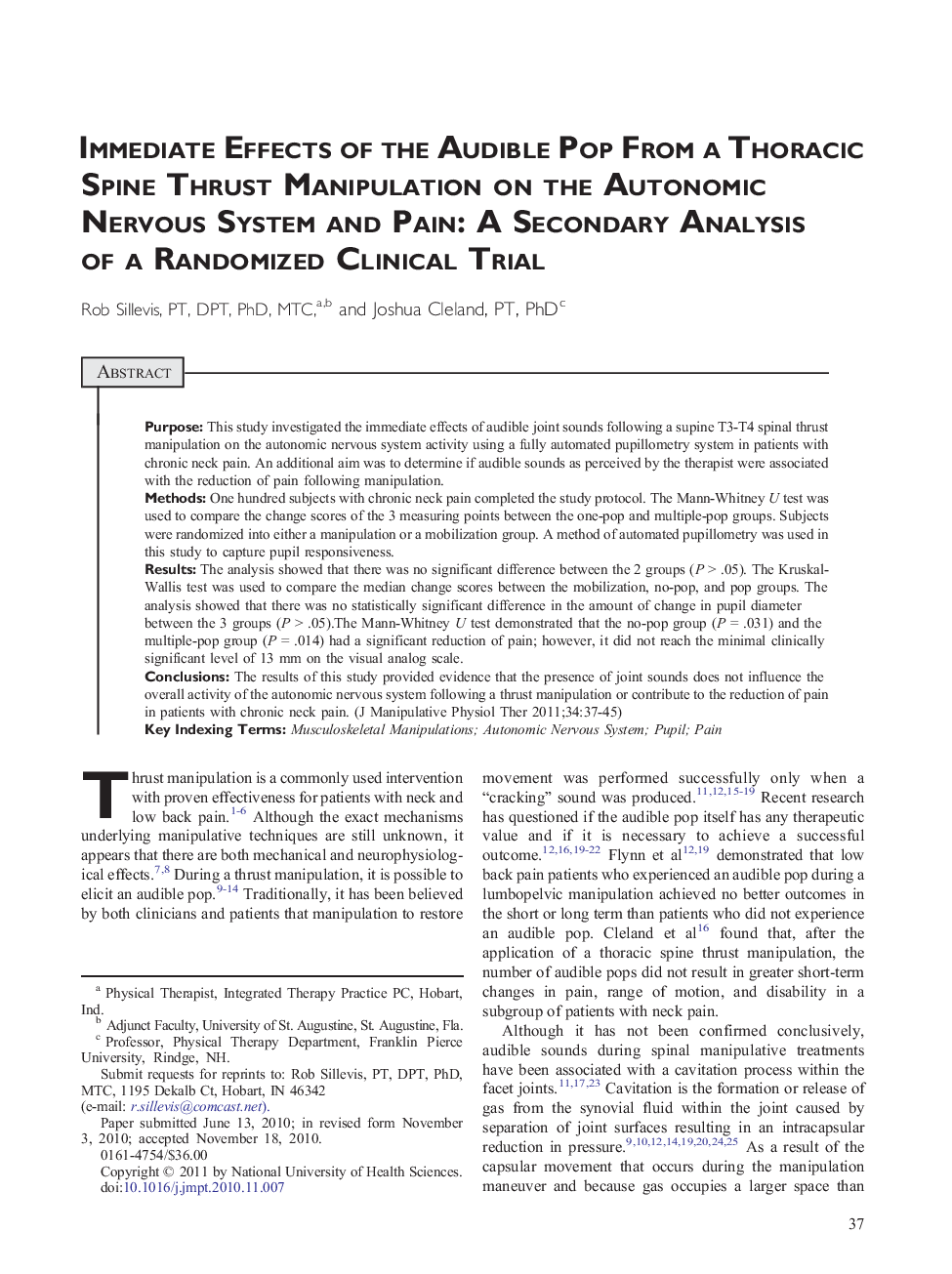 Immediate Effects of the Audible Pop From a Thoracic Spine Thrust Manipulation on the Autonomic Nervous System and Pain: A Secondary Analysis of a Randomized Clinical Trial