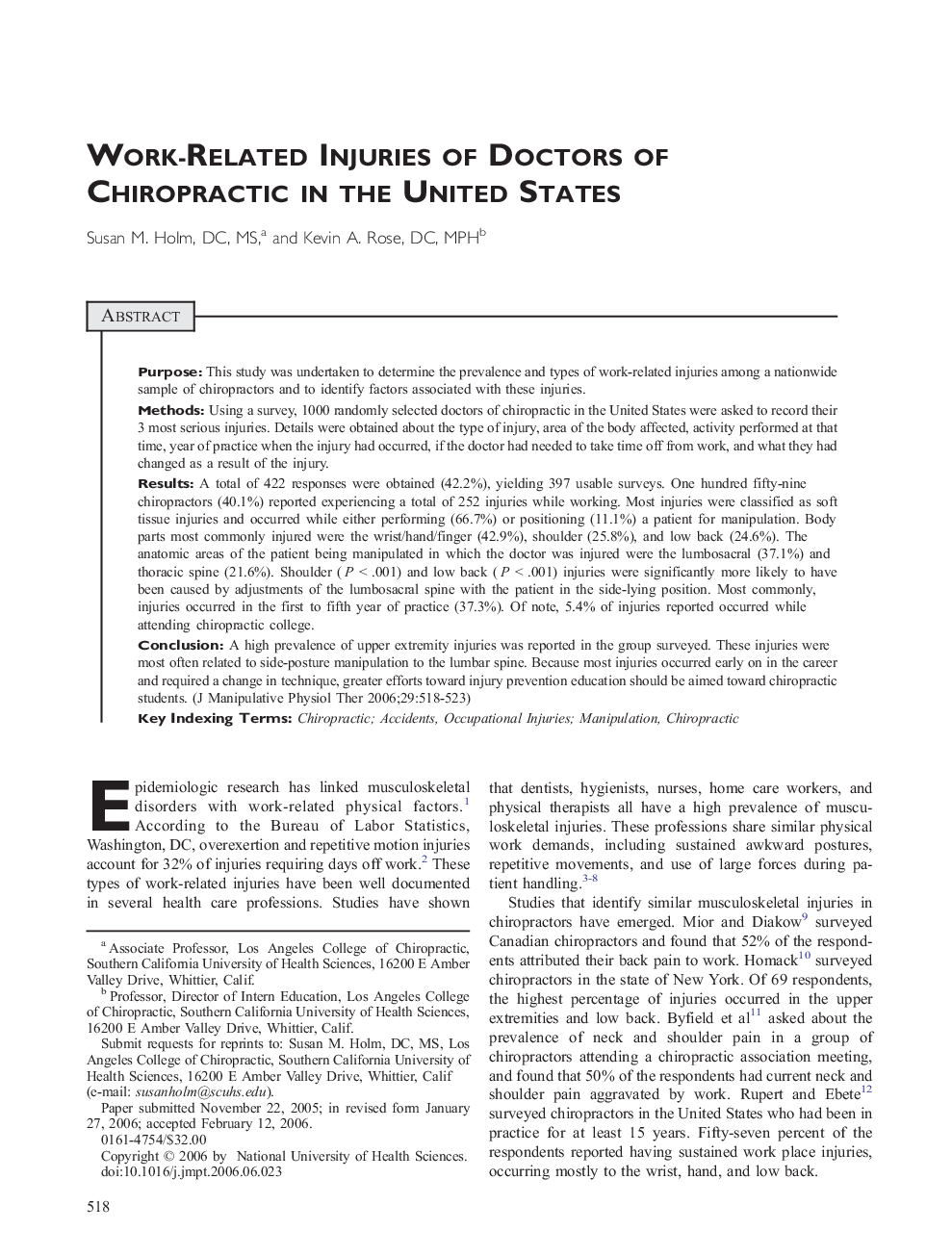 Work-Related Injuries of Doctors of Chiropractic in the United States