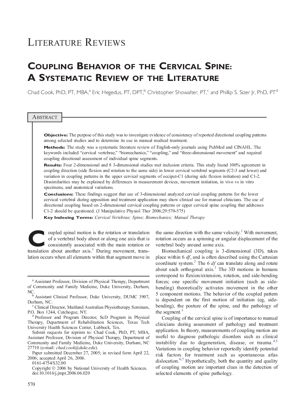 Coupling Behavior of the Cervical Spine: A Systematic Review of the Literature