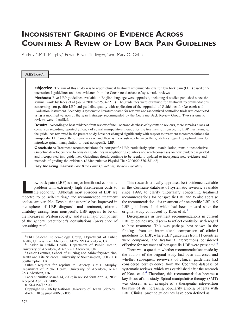 Inconsistent Grading of Evidence Across Countries: A Review of Low Back Pain Guidelines
