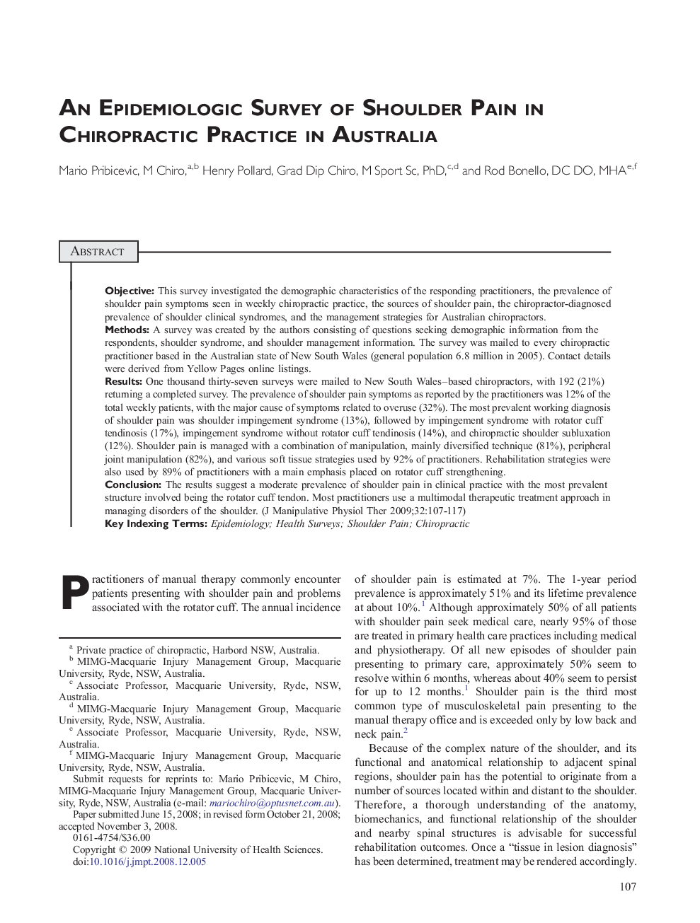 An Epidemiologic Survey of Shoulder Pain in Chiropractic Practice in Australia