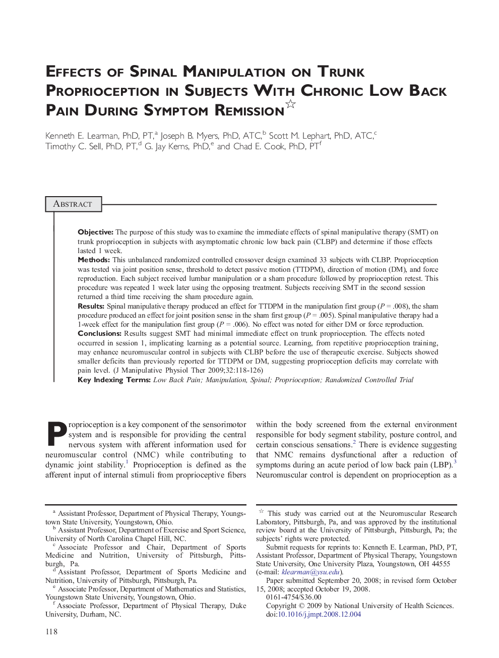 Effects of Spinal Manipulation on Trunk Proprioception in Subjects With Chronic Low Back Pain During Symptom Remission 