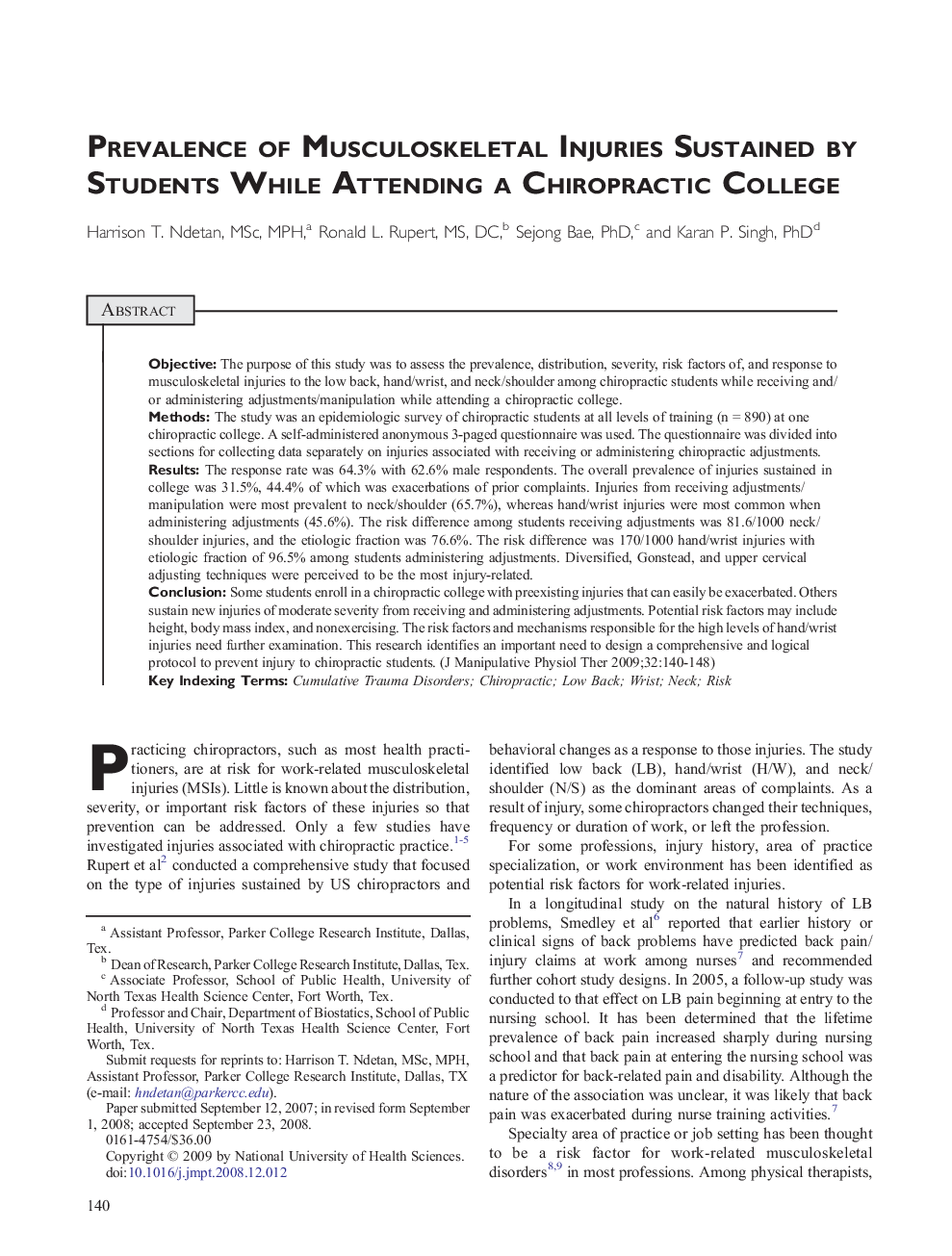 Prevalence of Musculoskeletal Injuries Sustained by Students While Attending a Chiropractic College