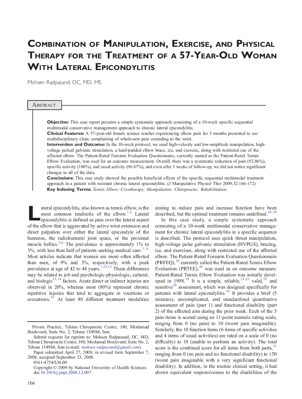 Combination of Manipulation, Exercise, and Physical Therapy for the Treatment of a 57-Year-Old Woman With Lateral Epicondylitis