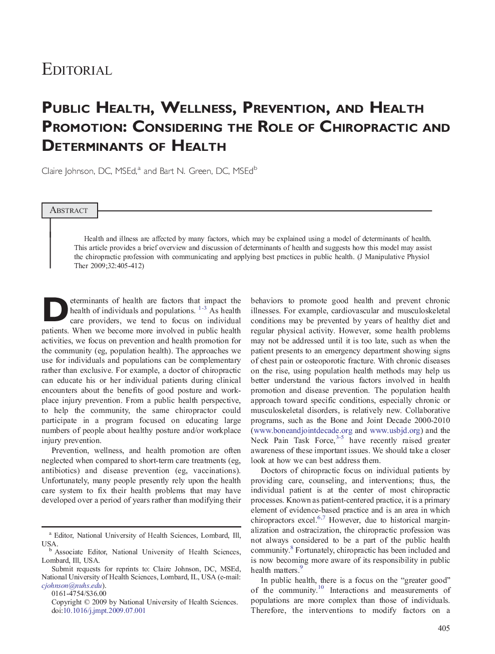 Public Health, Wellness, Prevention, and Health Promotion: Considering the Role of Chiropractic and Determinants of Health