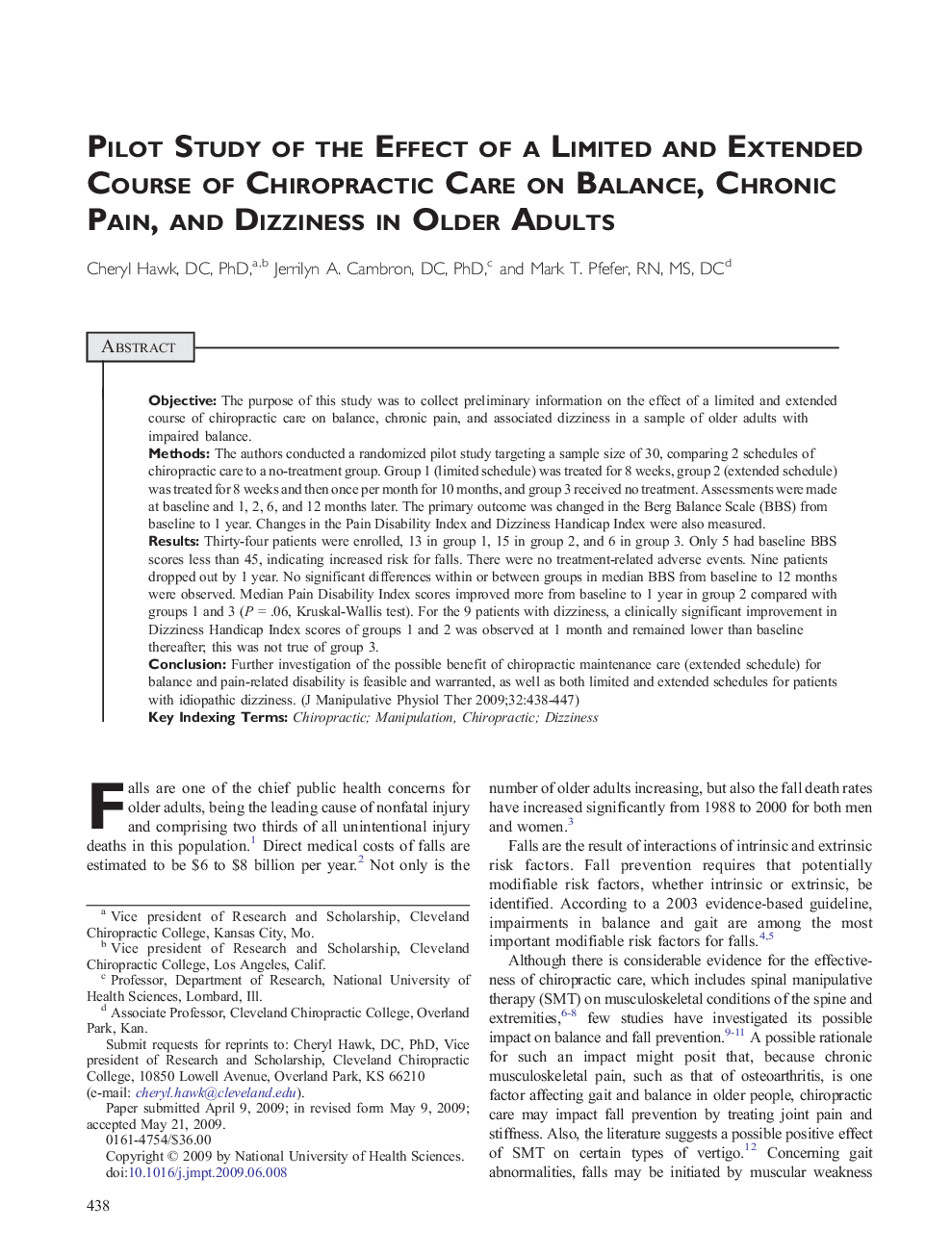 Pilot Study of the Effect of a Limited and Extended Course of Chiropractic Care on Balance, Chronic Pain, and Dizziness in Older Adults