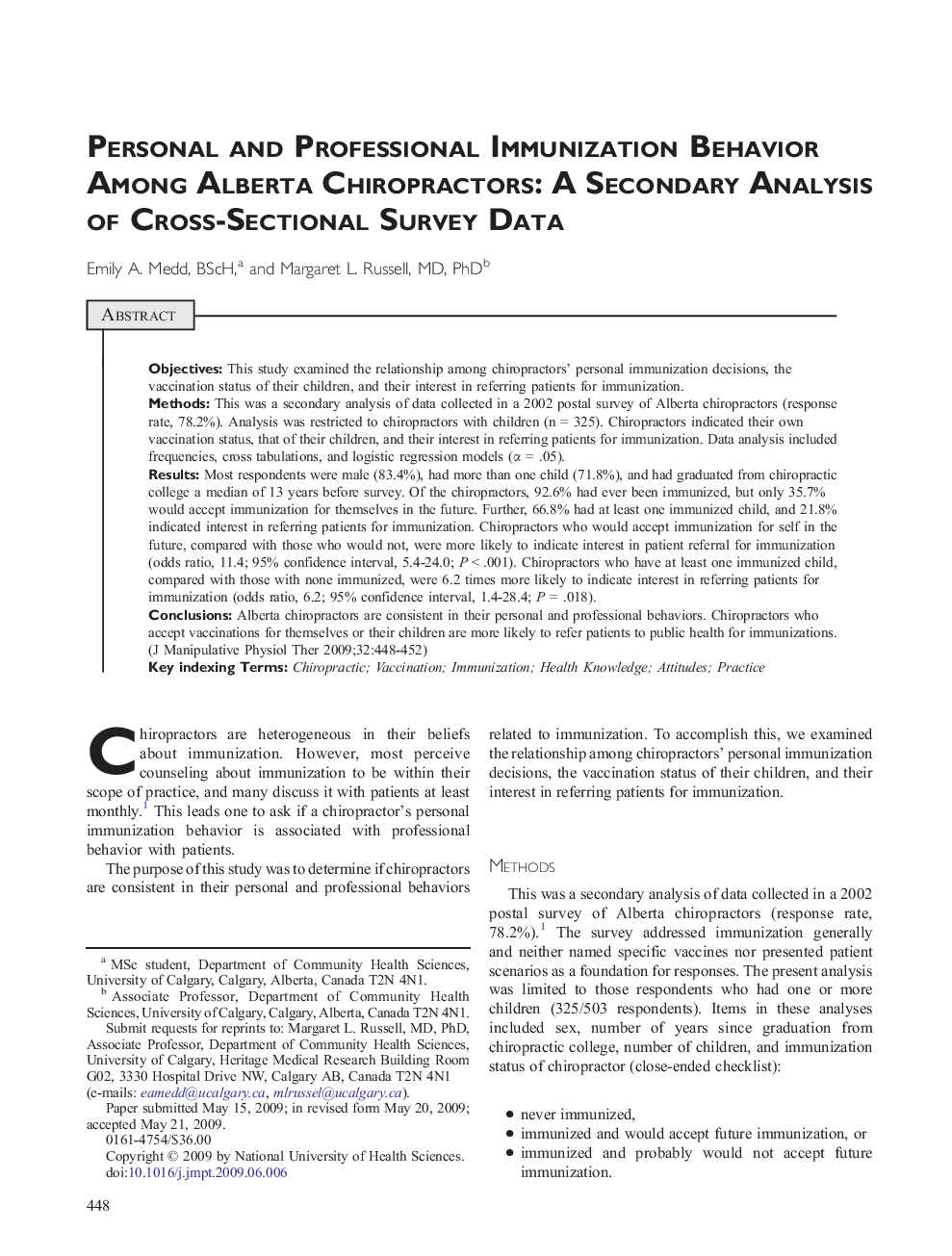 Personal and Professional Immunization Behavior Among Alberta Chiropractors: A Secondary Analysis of Cross-Sectional Survey Data