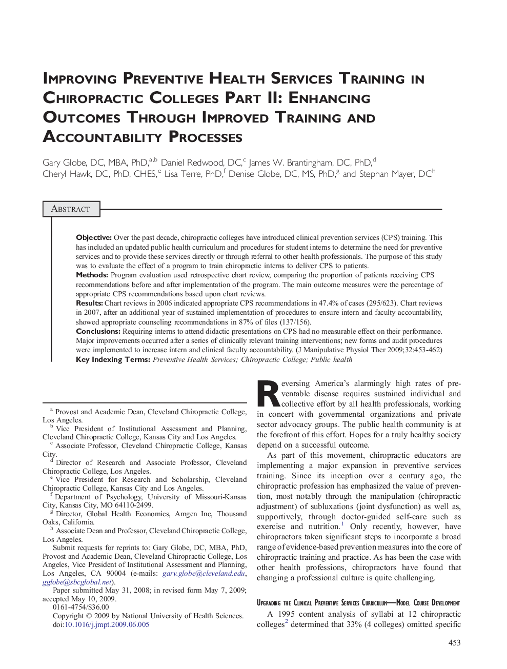 Improving Preventive Health Services Training in Chiropractic Colleges Part II: Enhancing Outcomes Through Improved Training and Accountability Processes