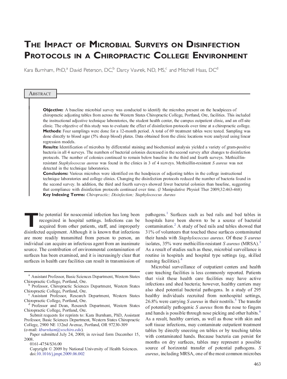 The Impact of Microbial Surveys on Disinfection Protocols in a Chiropractic College Environment