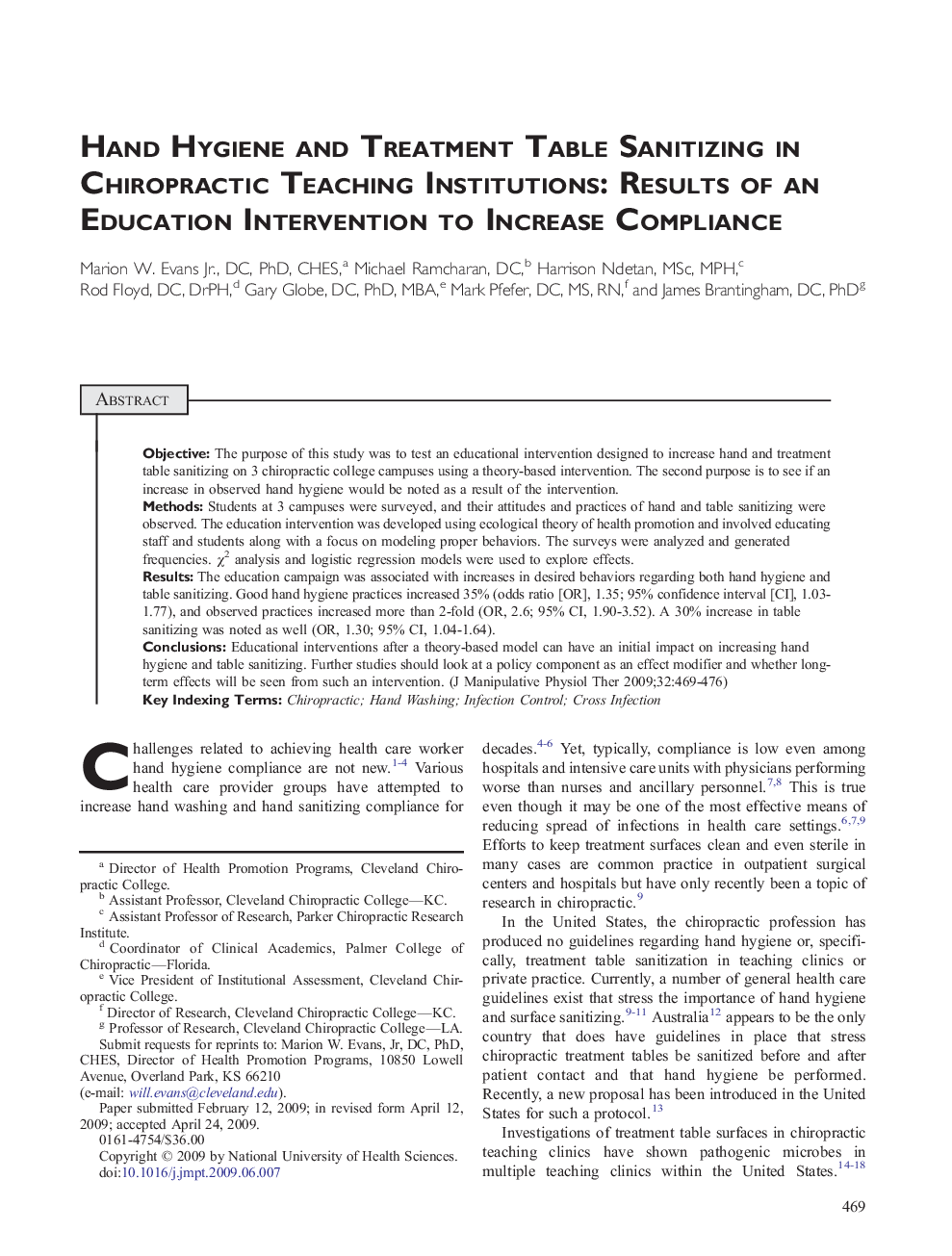 Hand Hygiene and Treatment Table Sanitizing in Chiropractic Teaching Institutions: Results of an Education Intervention to Increase Compliance