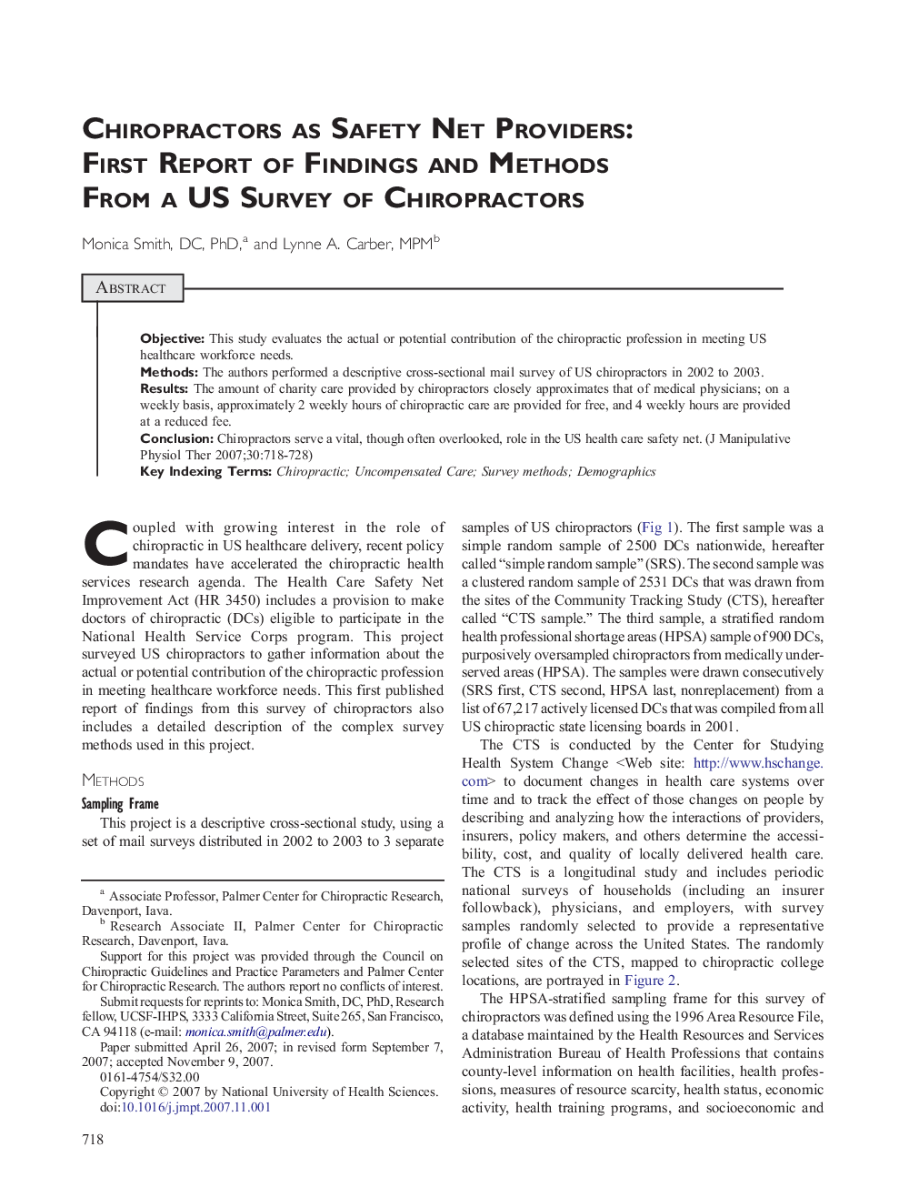 Chiropractors as Safety Net Providers: First Report of Findings and Methods from a US Survey of Chiropractors