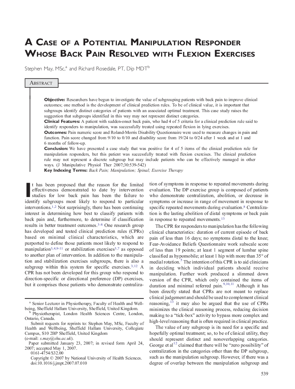 A Case of a Potential Manipulation Responder Whose Back Pain Resolved with Flexion Exercises