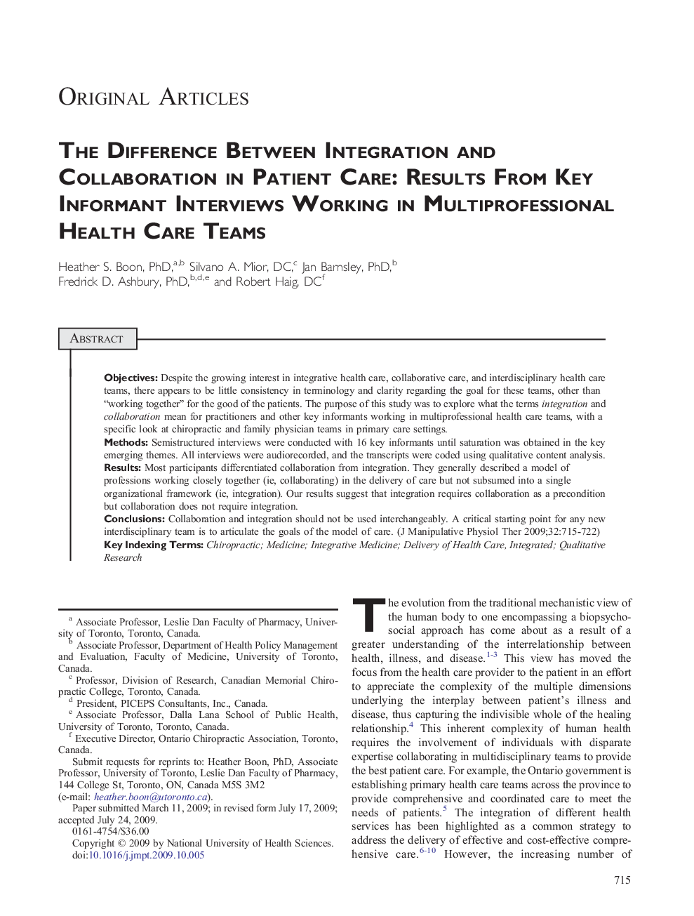 The Difference Between Integration and Collaboration in Patient Care: Results From Key Informant Interviews Working in Multiprofessional Health Care Teams