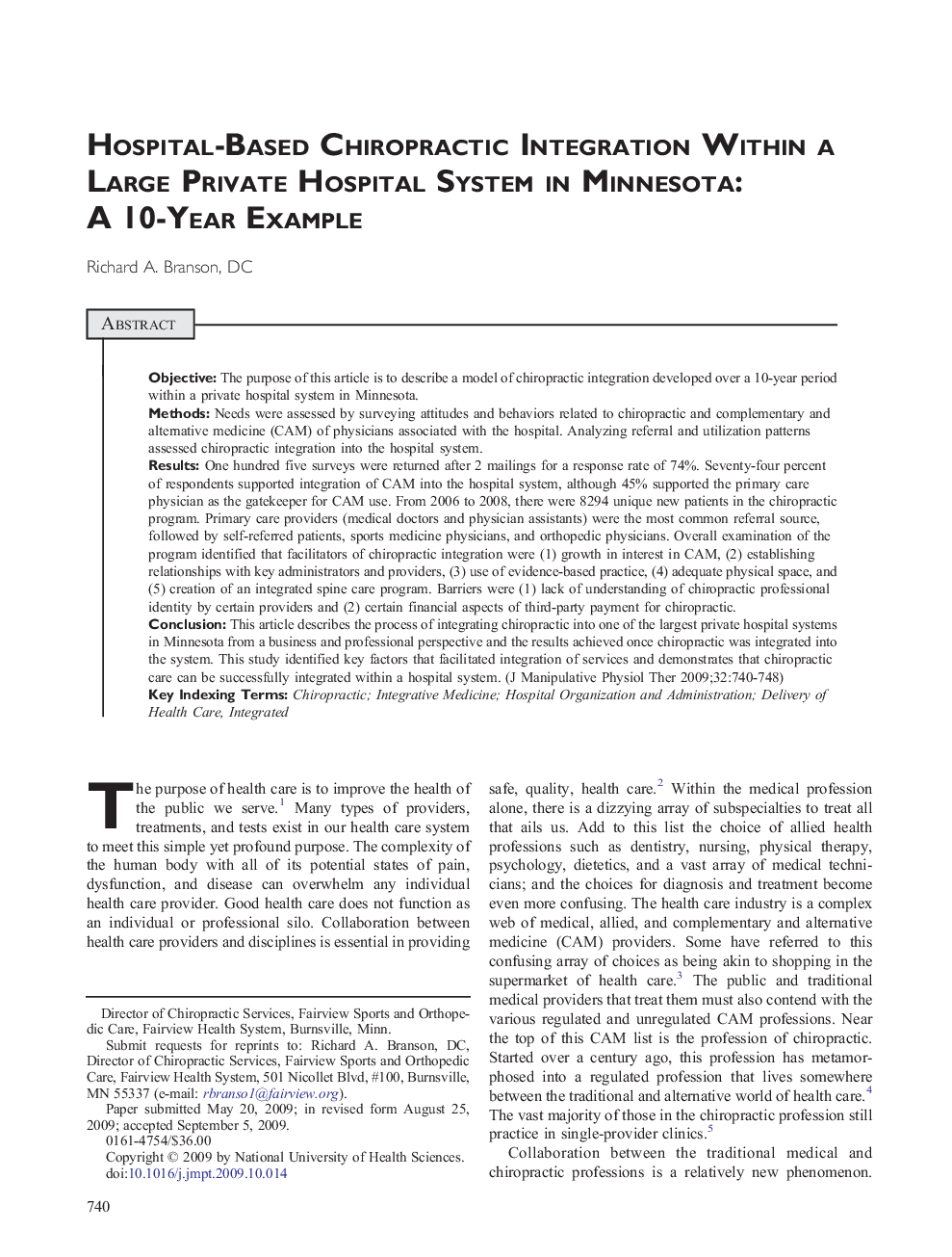 Hospital-Based Chiropractic Integration Within a Large Private Hospital System in Minnesota: A 10-Year Example