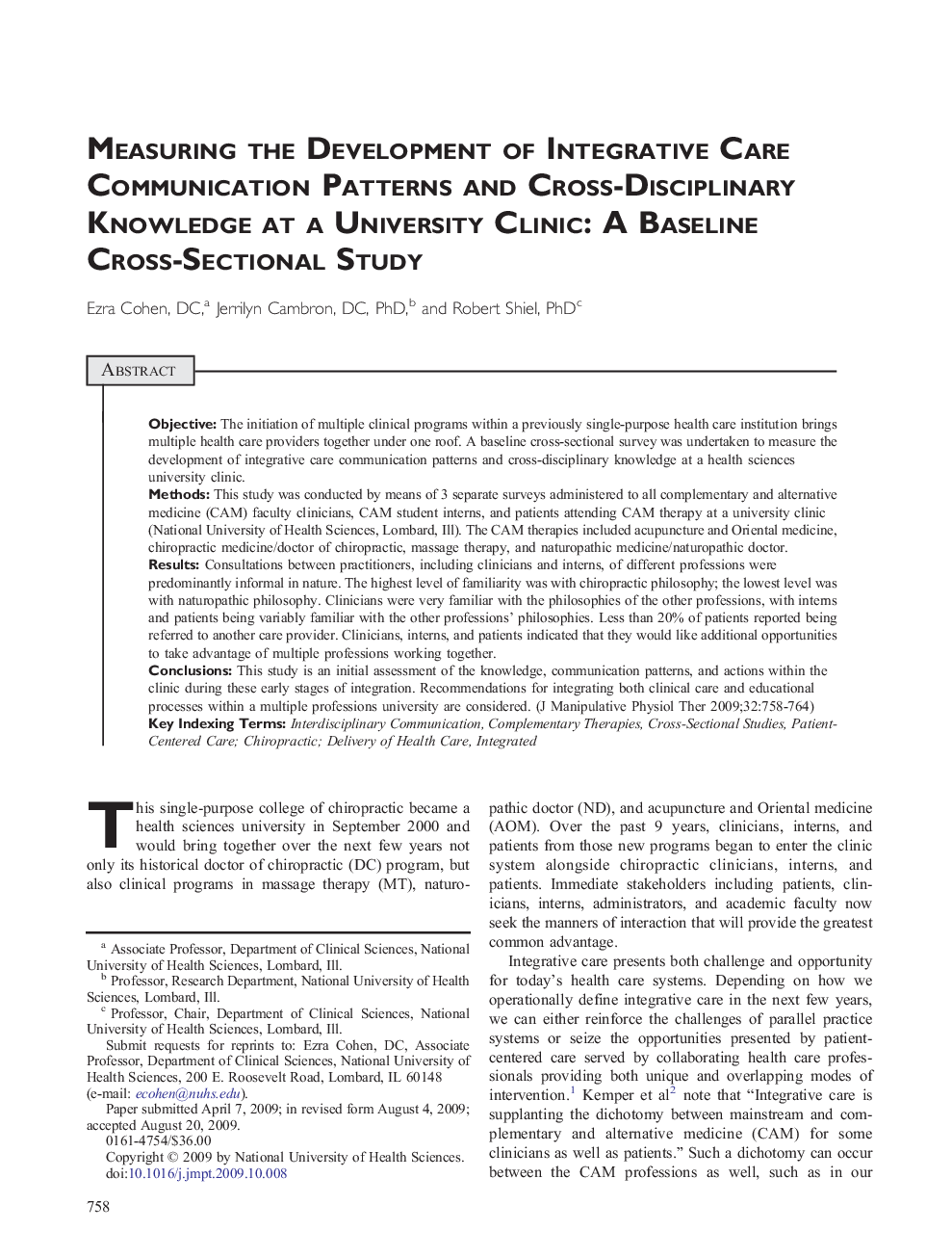 Measuring the Development of Integrative Care Communication Patterns and Cross-Disciplinary Knowledge at a University Clinic: A Baseline Cross-Sectional Study