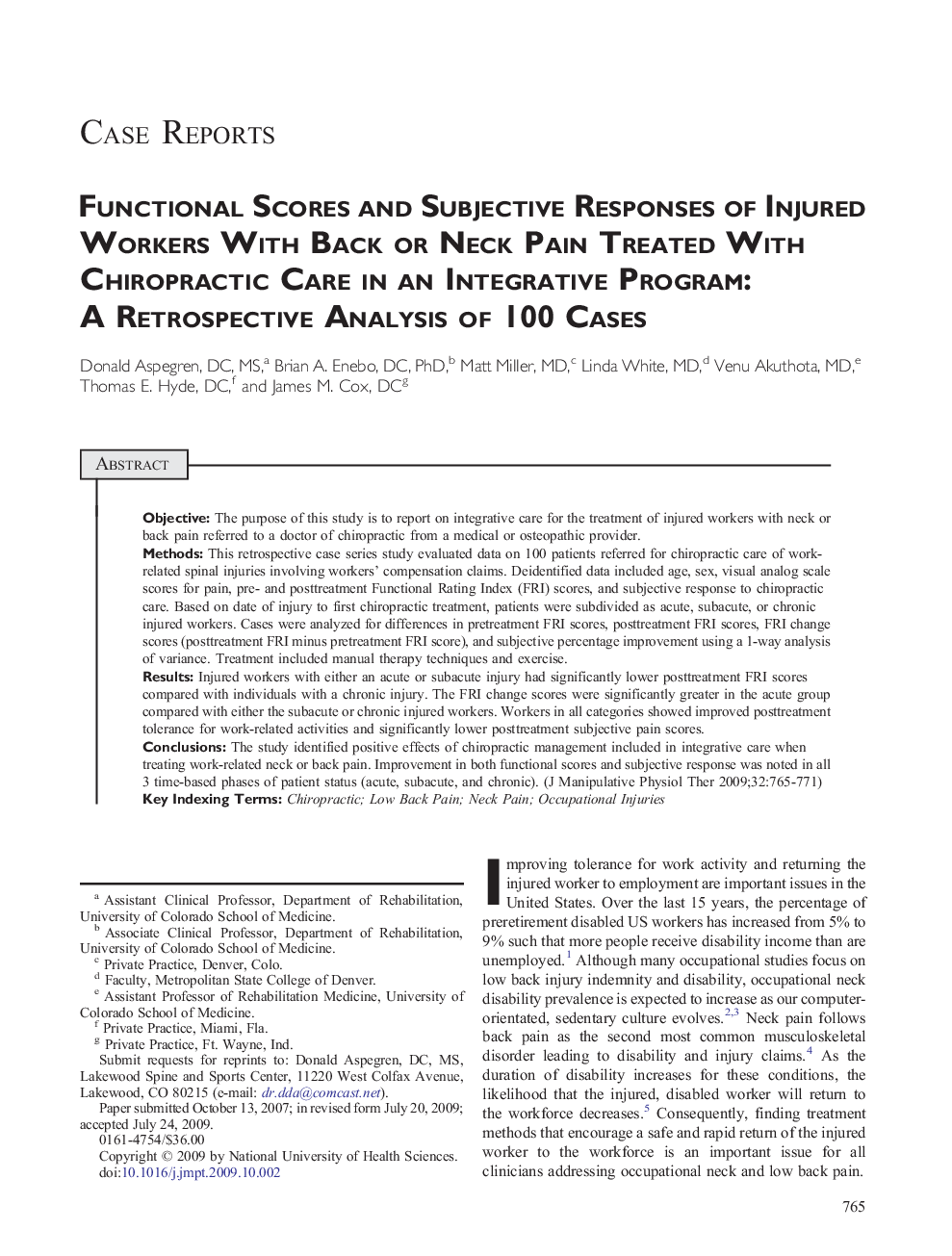 Functional Scores and Subjective Responses of Injured Workers With Back or Neck Pain Treated With Chiropractic Care in an Integrative Program: A Retrospective Analysis of 100 Cases