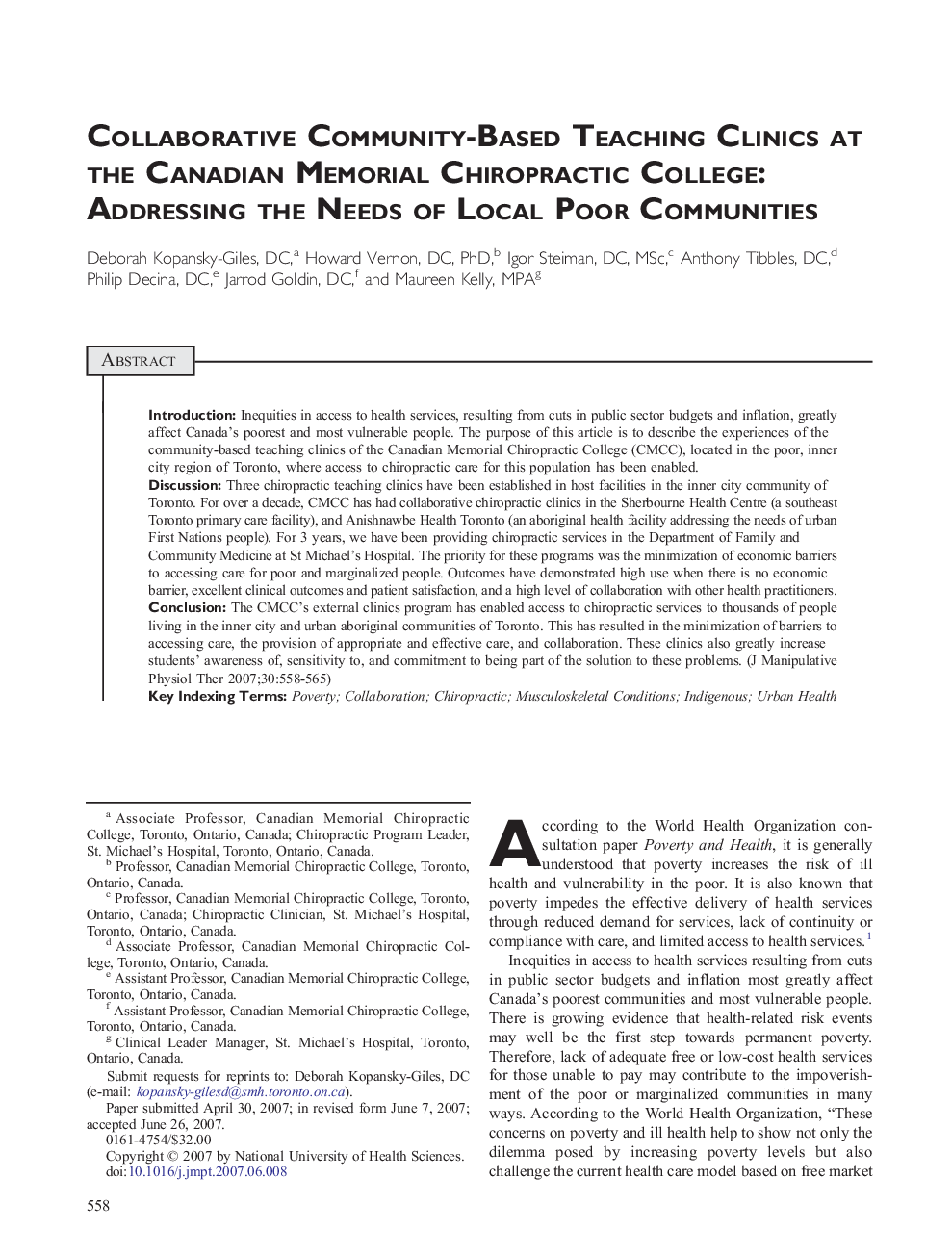 Collaborative Community-Based Teaching Clinics at the Canadian Memorial Chiropractic College: Addressing the Needs of Local Poor Communities