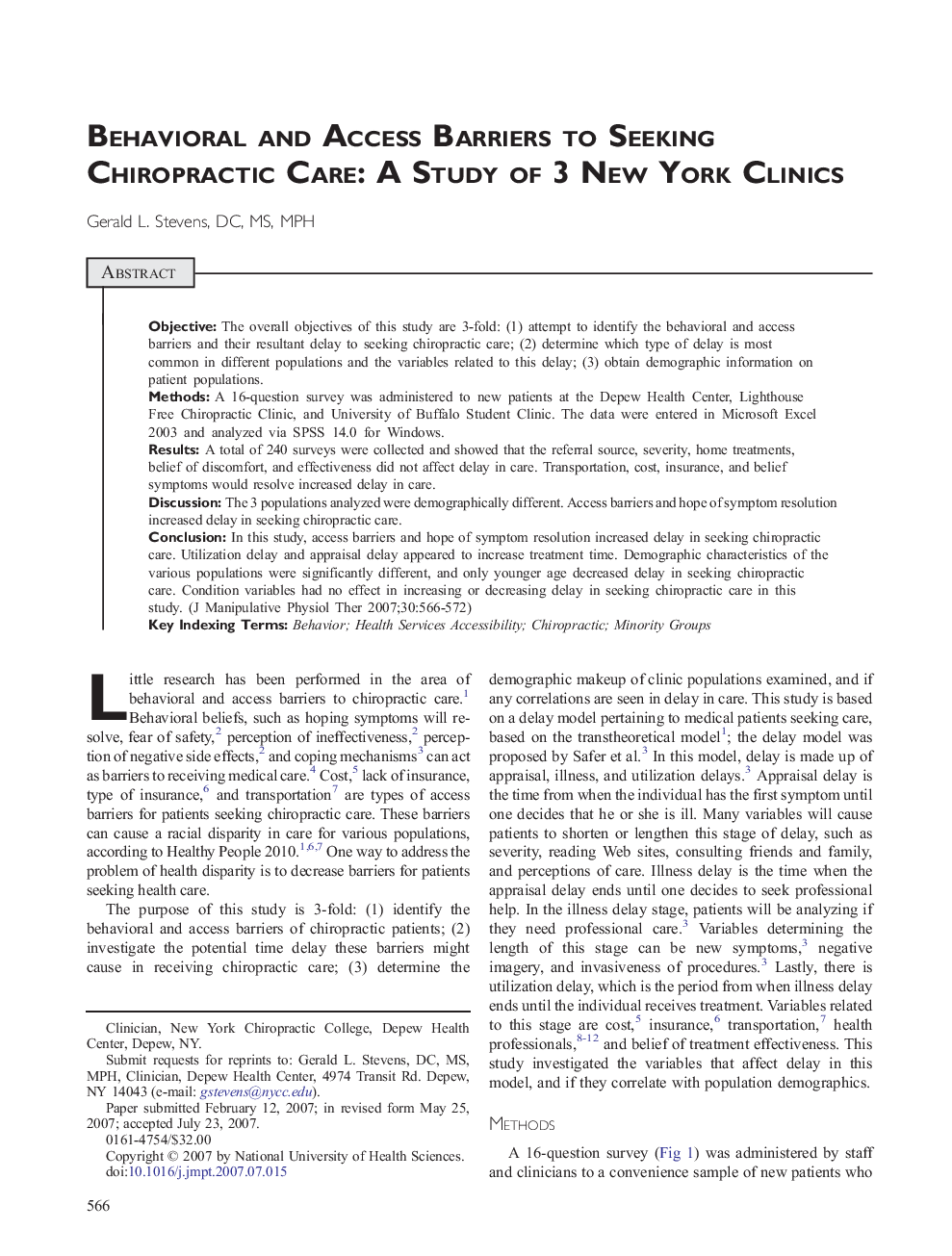 Behavioral and Access Barriers to Seeking Chiropractic Care: A Study of 3 New York Clinics