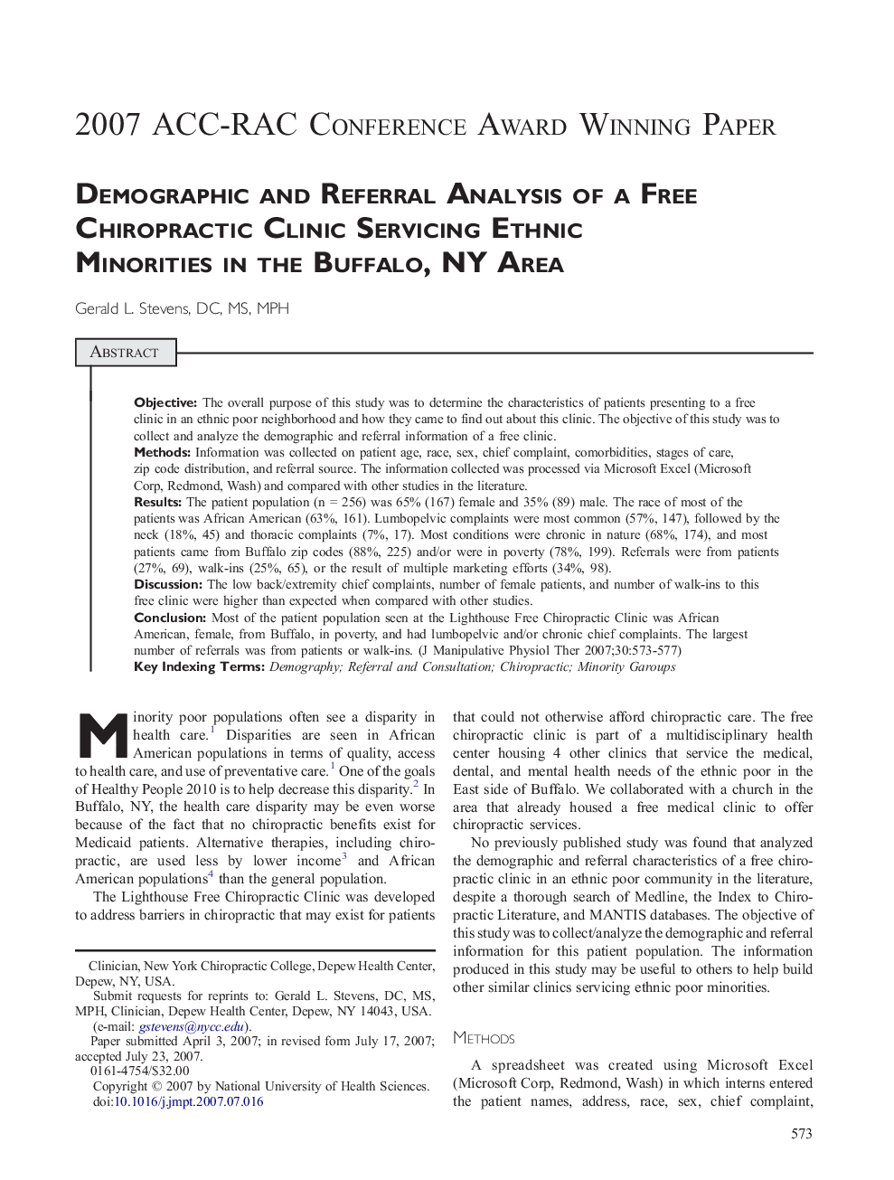 Demographic and Referral Analysis of a Free Chiropractic Clinic Servicing Ethnic Minorities in the Buffalo, NY Area