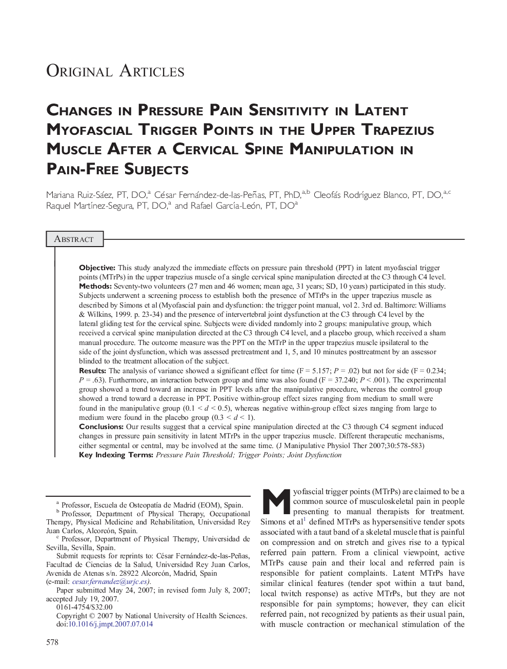 Changes in Pressure Pain Sensitivity in Latent Myofascial Trigger Points in the Upper Trapezius Muscle After a Cervical Spine Manipulation in Pain-Free Subjects