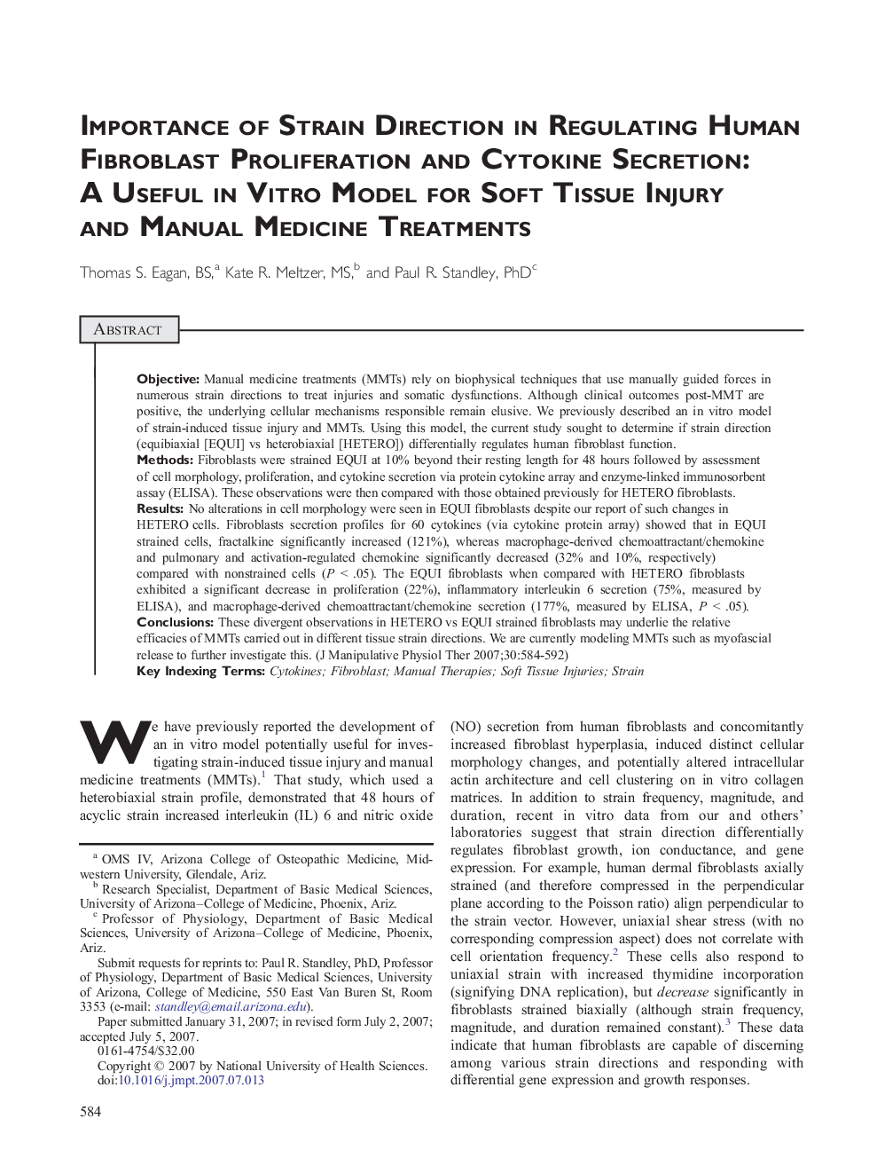 Importance of Strain Direction in Regulating Human Fibroblast Proliferation and Cytokine Secretion: A Useful in Vitro Model for Soft Tissue Injury and Manual Medicine Treatments