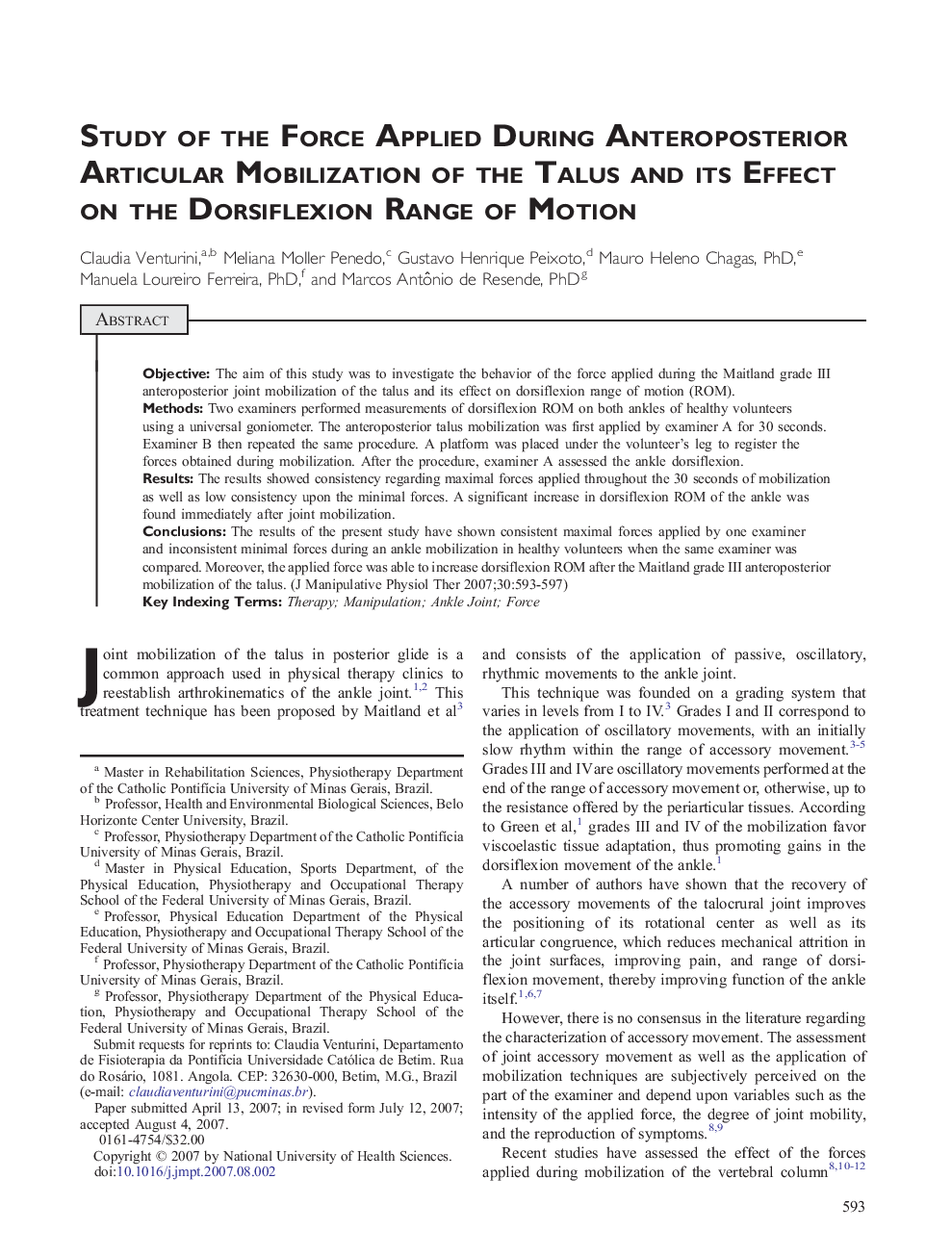 Study of the Force Applied During Anteroposterior Articular Mobilization of the Talus and its Effect on the Dorsiflexion Range of Motion