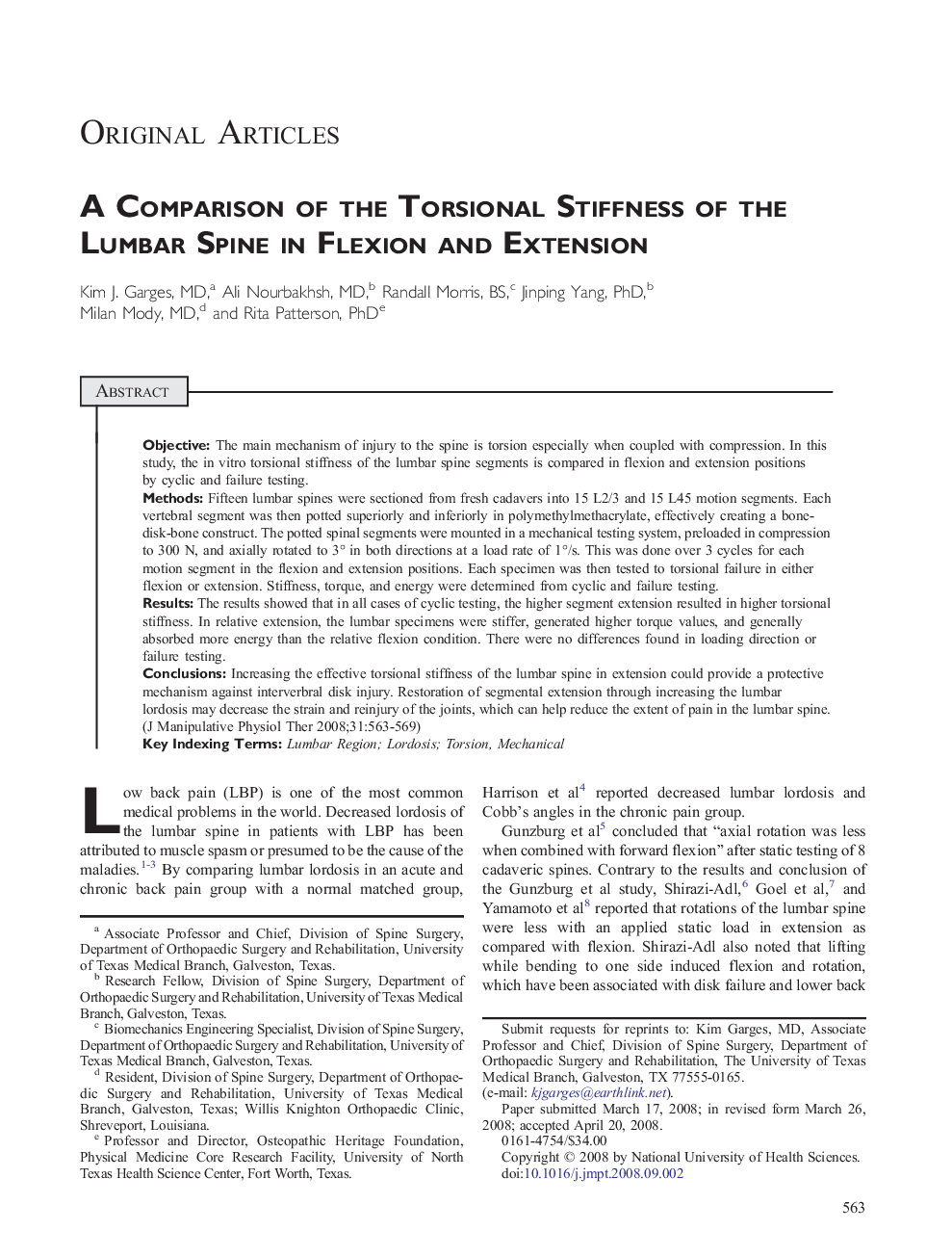 A Comparison of the Torsional Stiffness of the Lumbar Spine in Flexion and Extension