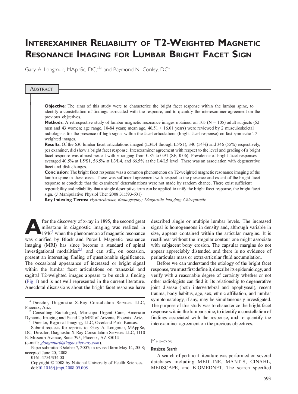 Interexaminer Reliability of T2-Weighted Magnetic Resonance Imaging for Lumbar Bright Facet Sign