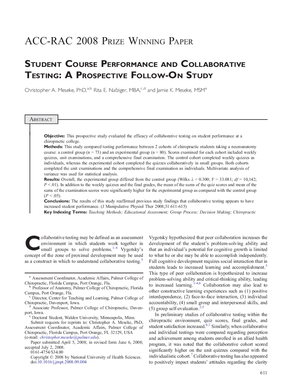 Student Course Performance and Collaborative Testing: A Prospective Follow-On Study