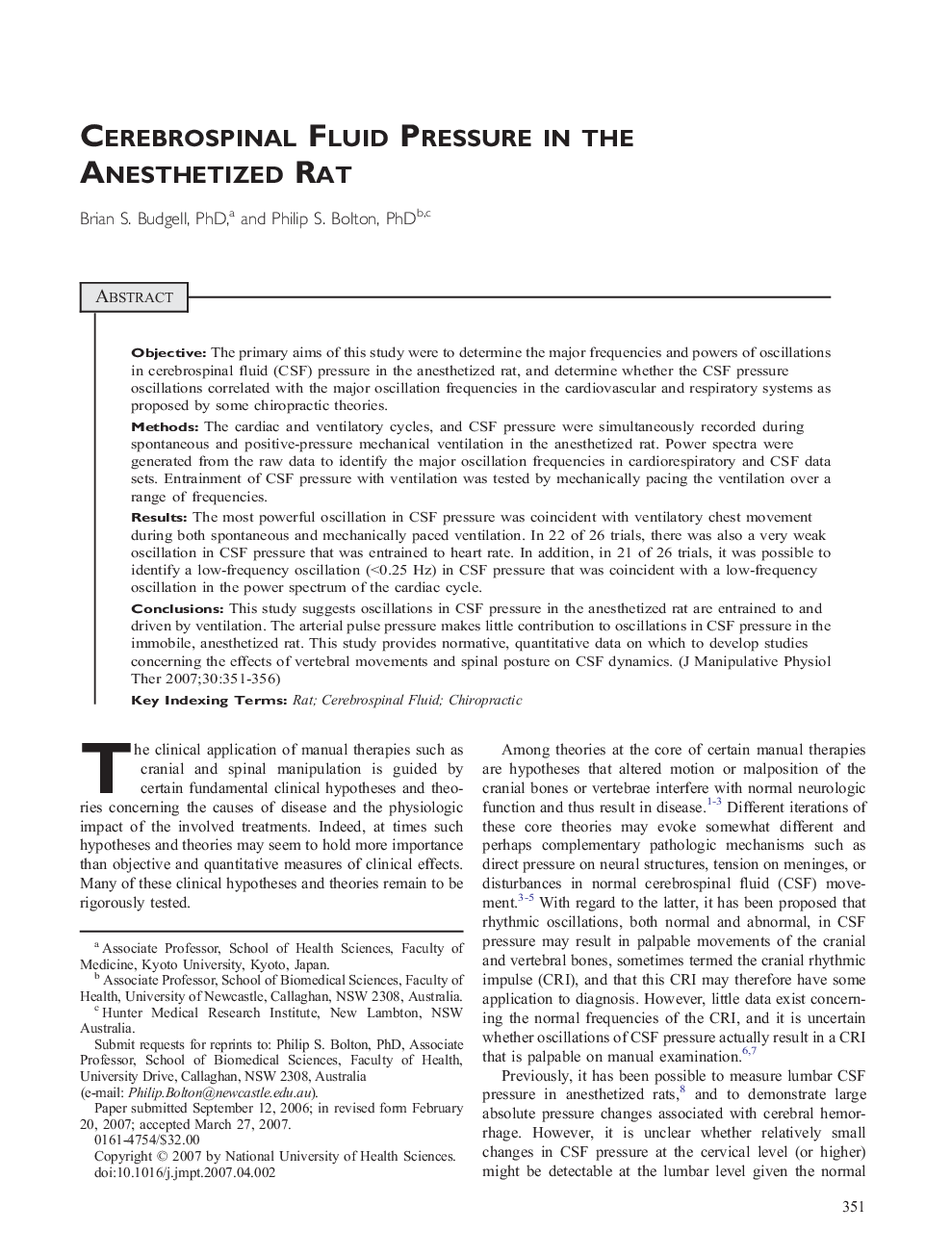 Cerebrospinal Fluid Pressure in the Anesthetized Rat