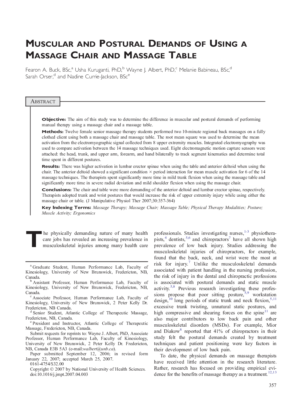 Muscular and Postural Demands of Using a Massage Chair and Massage Table