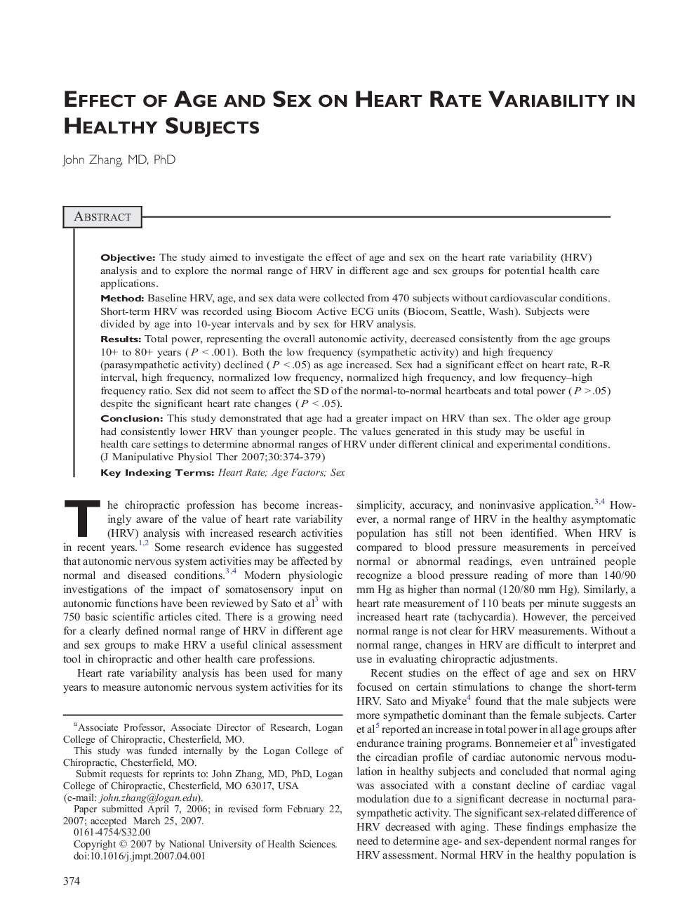 Effect of Age and Sex on Heart Rate Variability in Healthy Subjects 