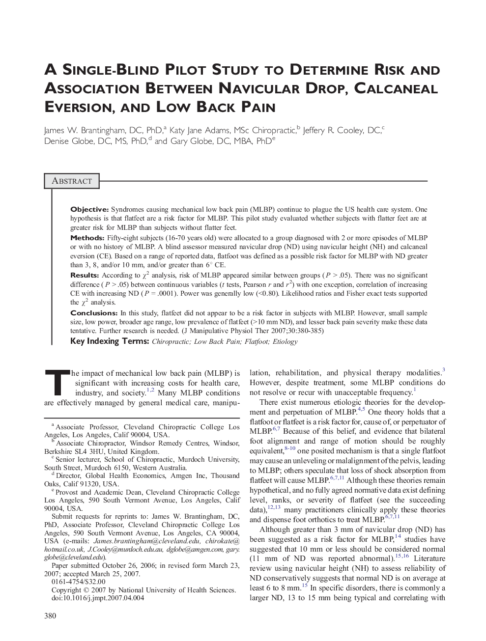 A Single-Blind Pilot Study to Determine Risk and Association Between Navicular Drop, Calcaneal Eversion, and Low Back Pain