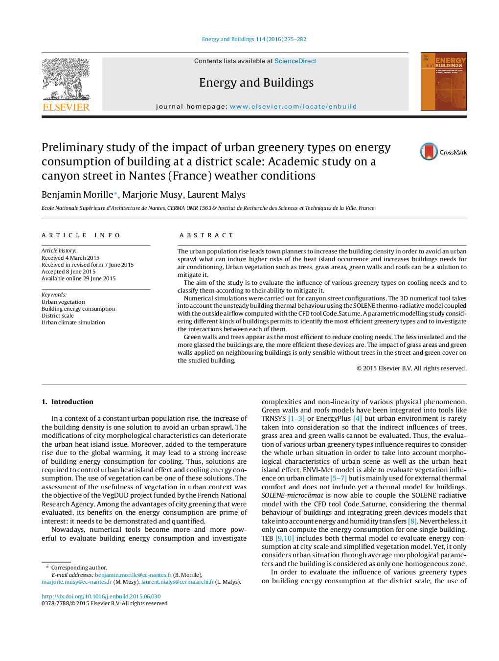 Preliminary study of the impact of urban greenery types on energy consumption of building at a district scale: Academic study on a canyon street in Nantes (France) weather conditions