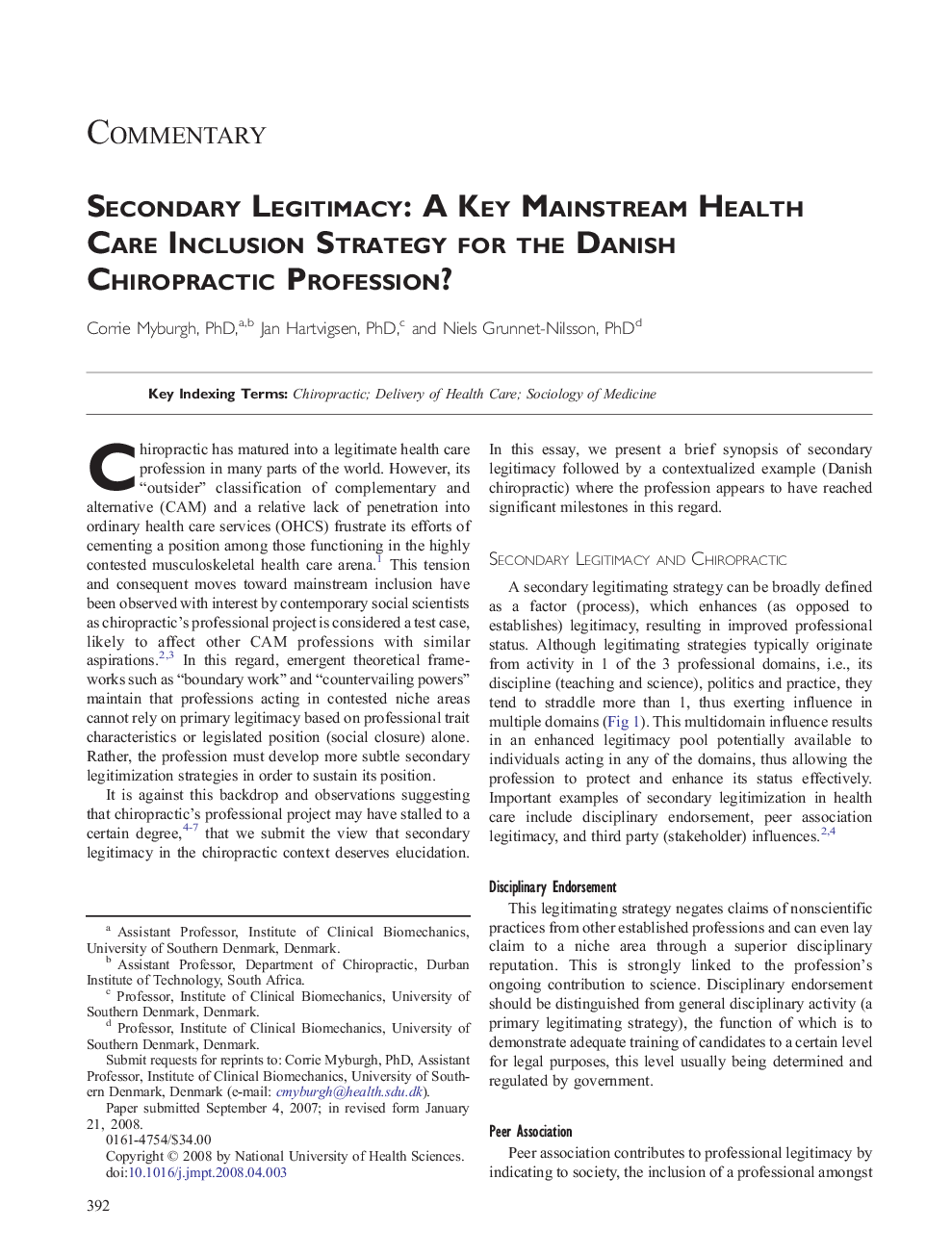 Secondary Legitimacy: A Key Mainstream Health Care Inclusion Strategy for the Danish Chiropractic Profession?