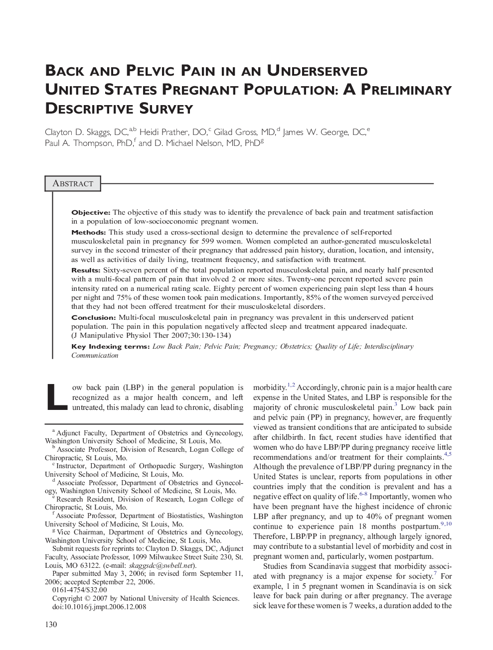 Back and Pelvic Pain in an Underserved United States Pregnant Population: A Preliminary Descriptive Survey