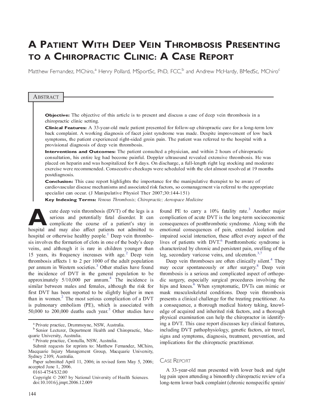 A Patient with Deep Vein Thrombosis Presenting to a Chiropractic Clinic: A Case Report