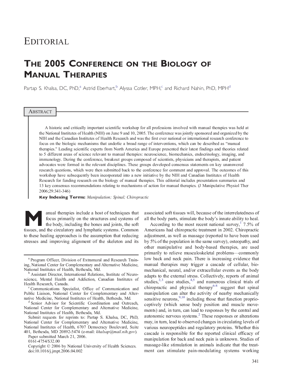 The 2005 Conference on the Biology of Manual Therapies