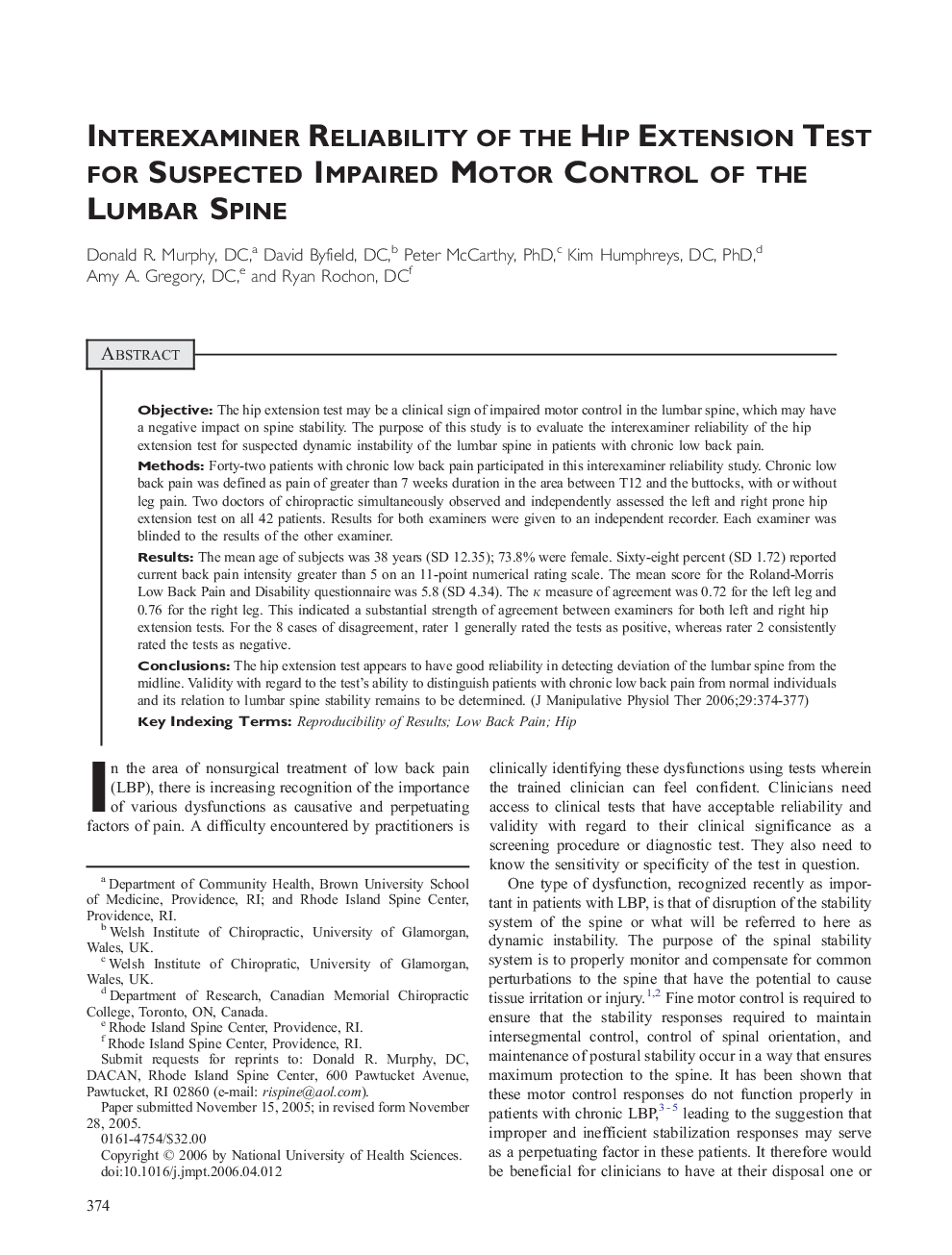 Interexaminer Reliability of the Hip Extension Test for Suspected Impaired Motor Control of the Lumbar Spine