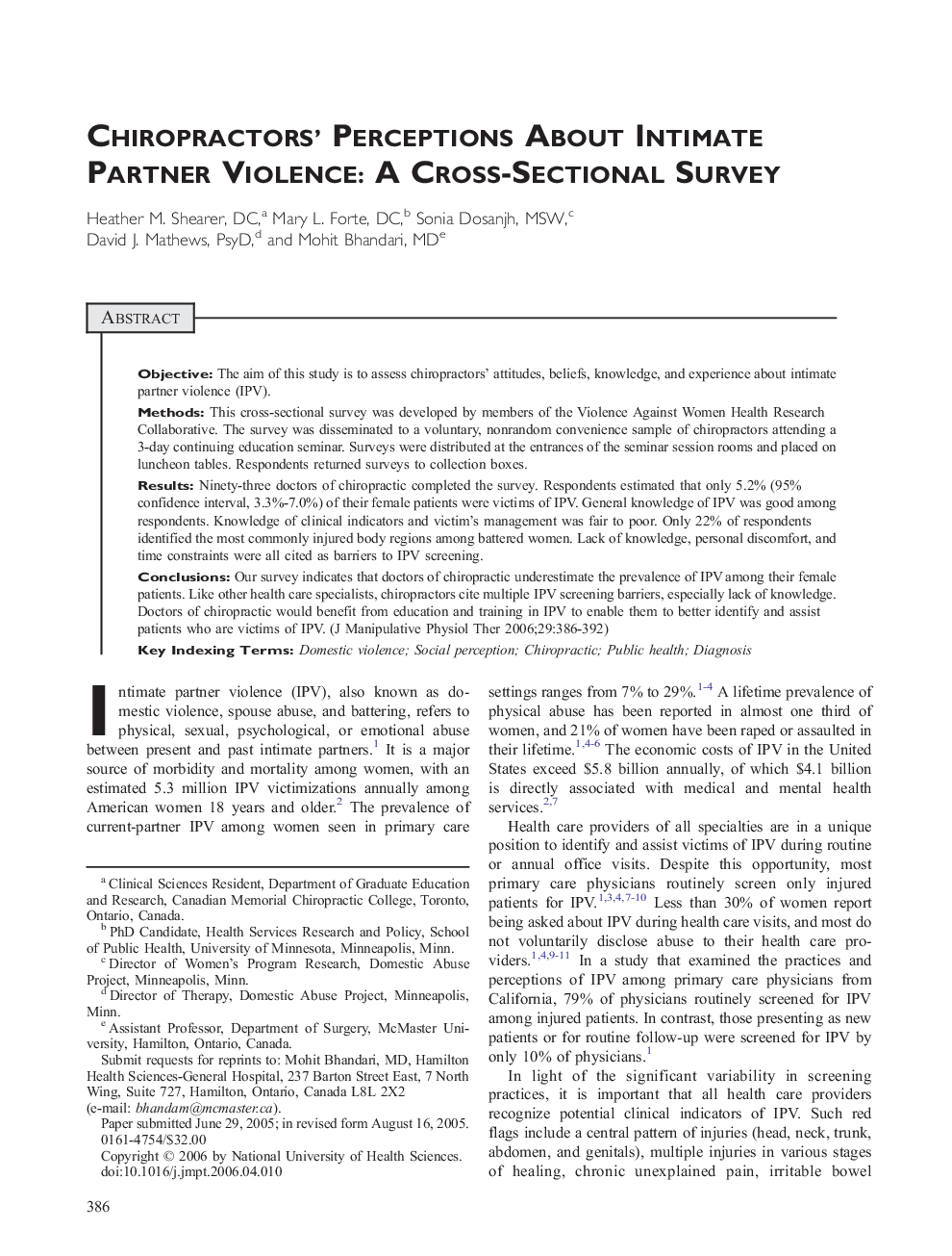 Chiropractors' Perceptions About Intimate Partner Violence: A Cross-Sectional Survey