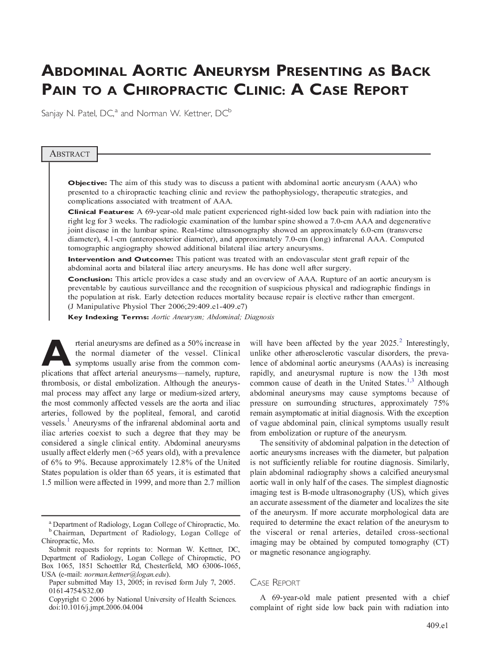 Abdominal Aortic Aneurysm Presenting as Back Pain to a Chiropractic Clinic: A Case Report