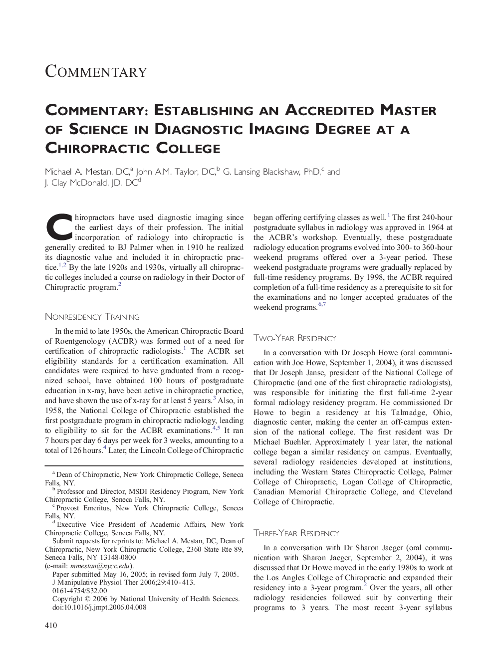 Commentary: Establishing an Accredited Master of Science in Diagnostic Imaging Degree at a Chiropractic College