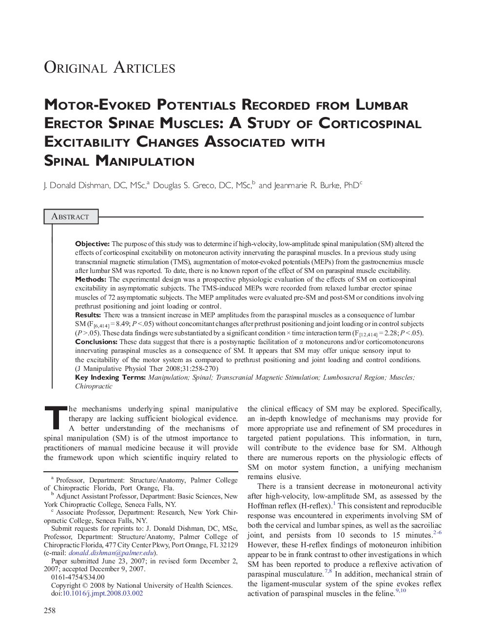 Motor-Evoked Potentials Recorded from Lumbar Erector Spinae Muscles: A Study of Corticospinal Excitability Changes Associated with Spinal Manipulation