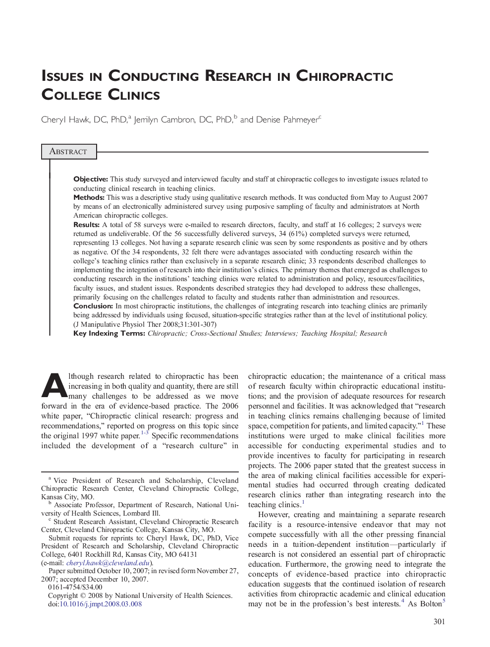 Issues in Conducting Research in Chiropractic College Clinics