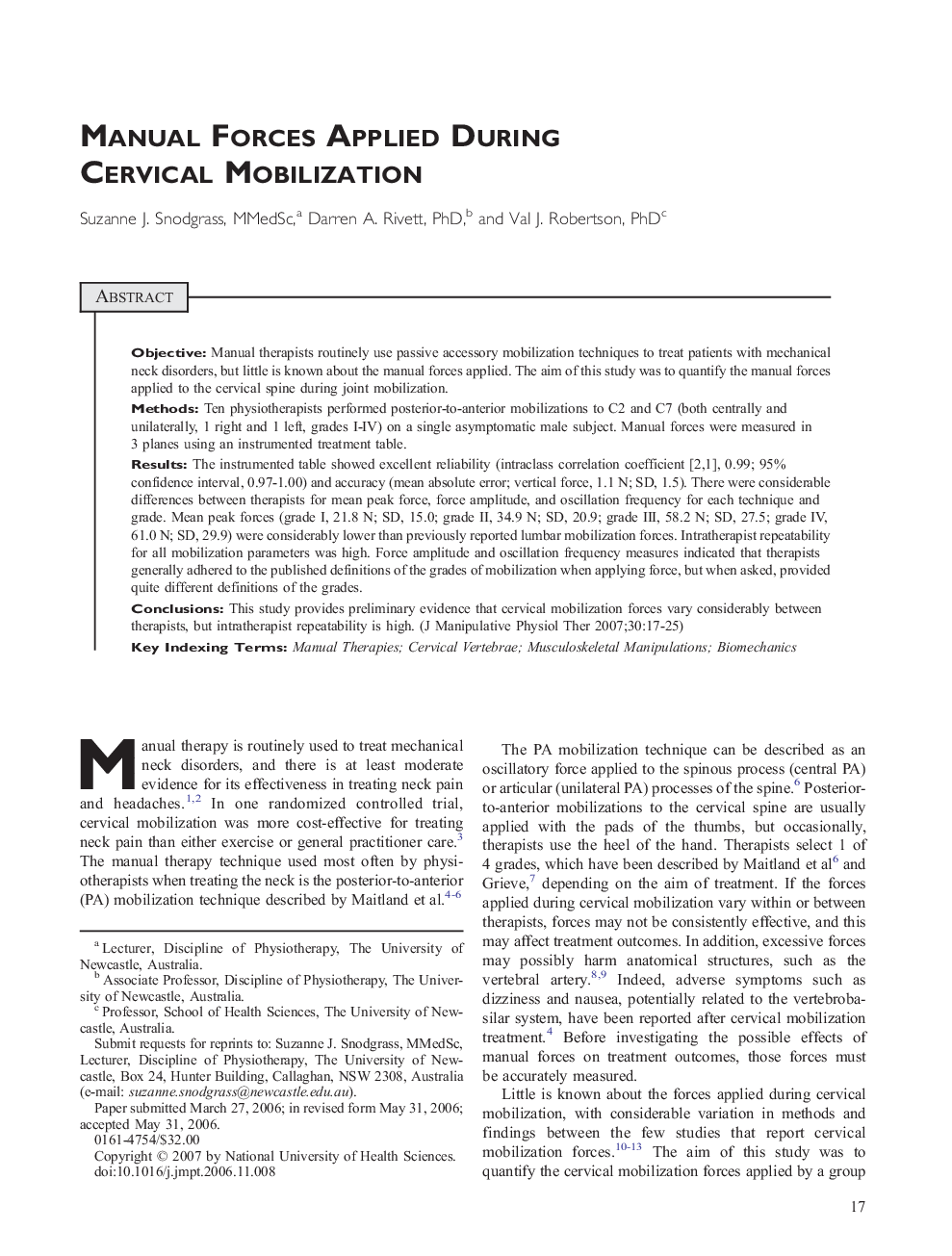 Manual Forces Applied During Cervical Mobilization