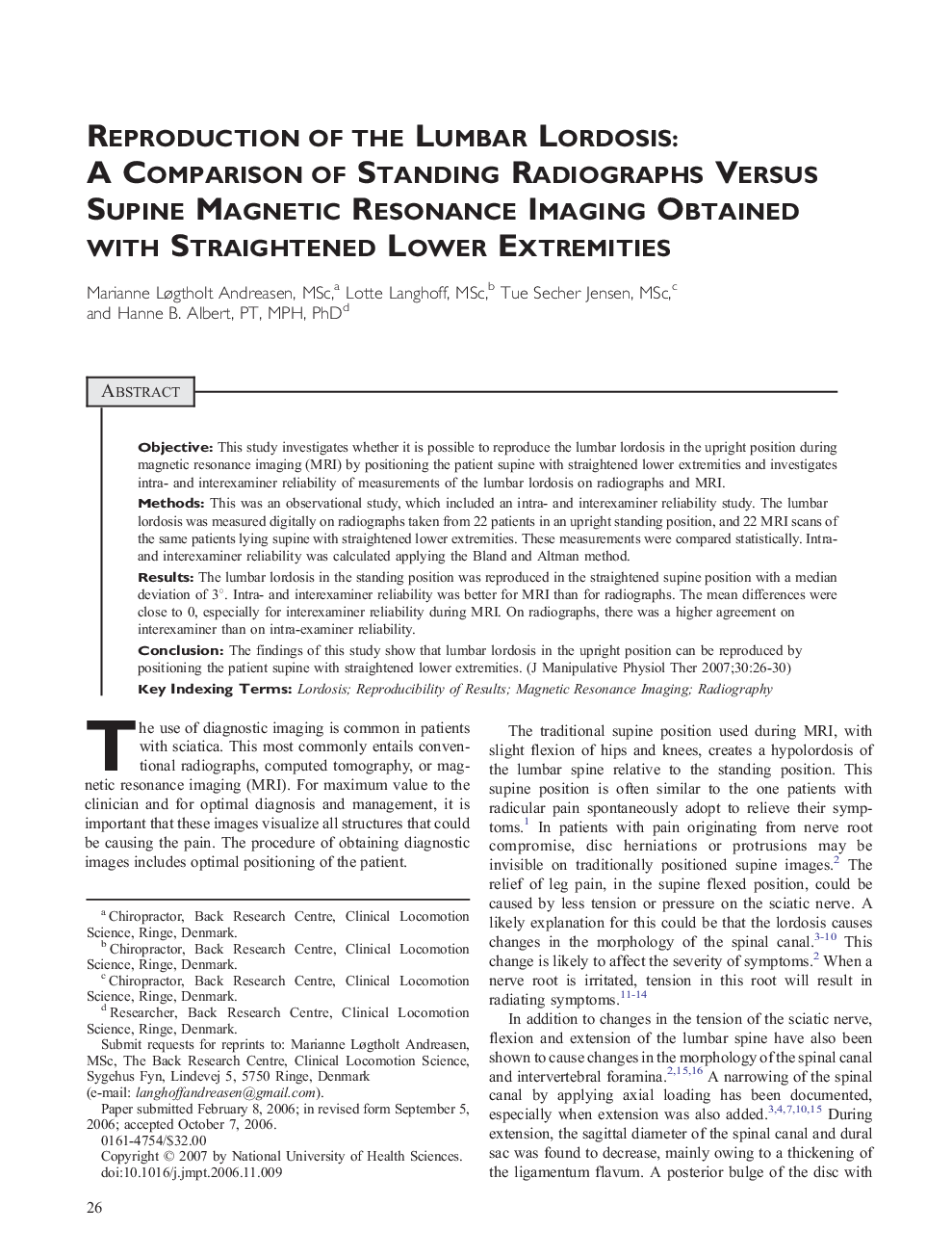 Reproduction of the Lumbar Lordosis: A Comparison of Standing Radiographs Versus Supine Magnetic Resonance Imaging Obtained with Straightened Lower Extremities