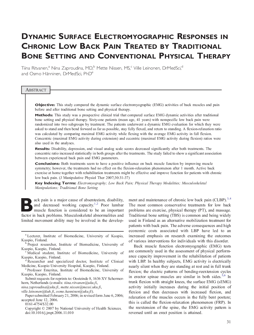 Dynamic Surface Electromyographic Responses in Chronic Low Back Pain Treated by Traditional Bone Setting and Conventional Physical Therapy