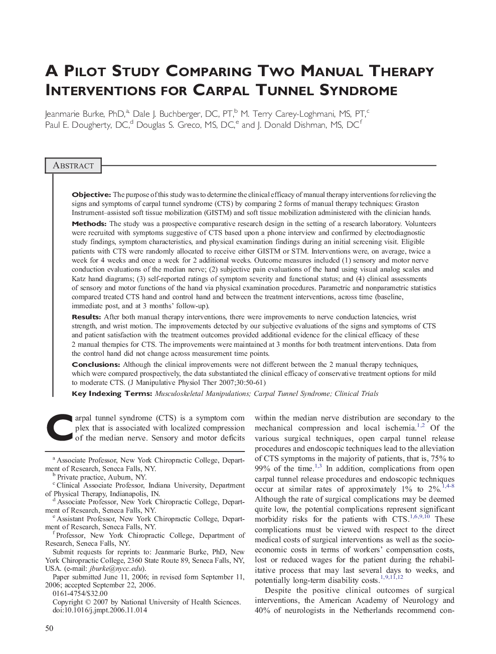 A Pilot Study Comparing Two Manual Therapy Interventions for Carpal Tunnel Syndrome