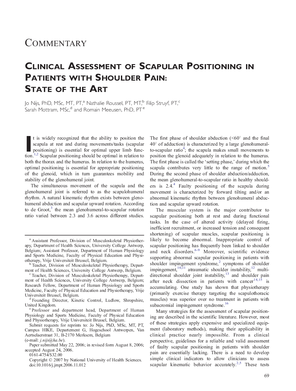 Clinical Assessment of Scapular Positioning in Patients with Shoulder Pain: State of the Art